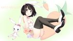  animal_ears artist_request bangs bare_arms black_eyes black_hair black_legwear bow bowtie breasts bunny_ears bunnysuit carrot cleavage detached_collar fake_animal_ears highres katou_megumi open_mouth outstretched_hand saenai_heroine_no_sodatekata short_hair small_breasts solo stuffed_animal stuffed_bunny stuffed_toy thighhighs 