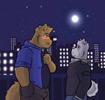  beard blue_eyes blush canine city confession couple cute dog facial_hair husky husky92 male male/male mammal manly moon musclechub night romantic shy size_difference wolf wolfdave young 
