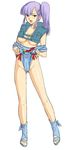  1girl breasts cameltoe female frontal_wedgie fugetsu_taku gundam gundam_zz highres legs leotard leotard_pull long_hair mound_of_venus open_mouth purple_hair red_eyes roux_louka side_ponytail simple_background slippers solo sweat underboob undressing vest wedgie 