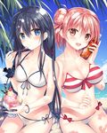  :d bangs bare_arms bare_shoulders beach bikini black_hair blue_eyes blue_sky blush bottle bottle_to_cheek bracelet breasts cleavage cloud collarbone day eyebrows_visible_through_hair food hair_between_eyes hair_bun ice_cream jewelry jpeg_artifacts large_breasts long_hair looking_at_viewer multiple_girls ocean open_mouth outdoors palm_tree pink_eyes pink_hair sand side-tie_bikini sitting sky smile soda_bottle sousouman spoon striped striped_bikini swimsuit tree very_long_hair wafer_stick water white_bikini wrist_cuffs yahari_ore_no_seishun_lovecome_wa_machigatteiru. yuigahama_yui yukinoshita_yukino 