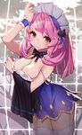  :q arm_up bad_id bad_pixiv_id breast_hold breasts cowboy_shot dress garter_straps hairband long_hair looking_at_viewer medium_breasts original pink_hair purple_hairband short_dress smile solo strap_slip thighhighs tongue tongue_out white_legwear whoisshe wrist_cuffs 