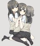  black_eyes black_hair blush fuyuri_(tibirobo) girl_sandwich group_hug hug hug_from_behind interlocked_fingers long_hair multiple_girls no_shoes original pantyhose sandwiched school_uniform short_hair sitting sitting_on_lap sitting_on_person sweater_vest yuri 