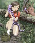  1girl artist_request blush eye_stalk forest monster nature oral outdoors outside phone sweat telephone tentacle upskirt 