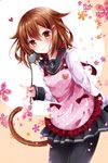  apron black_legwear blush brown_eyes brown_hair cat_tail commentary_request hair_flaps hair_ornament hairclip heart ikazuchi_(kantai_collection) kantai_collection looking_at_viewer nogi_takayoshi pantyhose school_uniform serafuku short_hair smile solo tail 