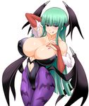  :q animal_print bare_shoulders bat_print bat_wings blue_eyes blush breasts bridal_gauntlets cleavage covered_nipples demon_girl elbow_gloves gloves green_hair head_wings heart_cutout highres huge_breasts konno_tohiro leotard licking_lips long_hair looking_at_viewer midriff morrigan_aensland navel pantyhose print_legwear smile solo succubus tongue tongue_out vampire_(game) white_background wings 