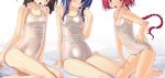  blue_eyes blue_hair blush braid brown_hair covered_navel head_out_of_frame highres long_hair md5_mismatch multiple_girls old_school_swimsuit one-piece_swimsuit open_mouth pink_hair sakuya_tsuitachi school_swimsuit shiny shiny_clothes short_hair smile sukumizu_tabehoudai swimsuit 