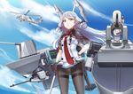  aircraft bangs black_legwear blue_sky blunt_bangs cannon cloud cowboy_shot day dress gloves hair_ribbon hand_on_hip headgear helicopter hiememiko holding kantai_collection long_hair mecha_musume monitor murakumo_(kantai_collection) necktie ocean pantyhose phalanx_ciws red_eyes remodel_(kantai_collection) ribbon sailor_dress sh-60_seahawk short_eyebrows silver_hair sky solo thighband_pantyhose tress_ribbon turret 