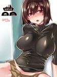  bad_id bad_pixiv_id blush breasts breath brown_hair character_name collarbone copyright_name covered_navel hyuuga_(kantai_collection) impossible_clothes kantai_collection large_breasts red_eyes short_hair signature sitting solo sweat sweater tokita_monta twitter_username 