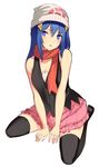  bare_shoulders beanie black_legwear blue_eyes blue_hair breasts cleavage hair_ornament hat hikari_(pokemon) kureha_(ironika) long_hair looking_at_viewer parted_lips pink_skirt pokemon pokemon_(game) pokemon_dppt scarf sitting skirt small_breasts solo thighhighs wariza 