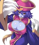  adjusting_clothes adjusting_hat blue_hair blue_skin blush_stickers breasts brown_eyes chinese_clothes claws cleavage cleavage_cutout flipped_hair hat huge_breasts jiangshi konno_tohiro lei_lei looking_at_viewer ofuda open_mouth short_hair smile solo vampire_(game) 
