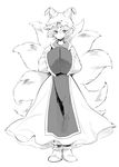  dress fox_tail full_body greyscale hands_in_opposite_sleeves hat highres long_sleeves monochrome multiple_tails pillow_hat shinoasa shoes short_hair solo tabard tail tassel touhou white_background wide_sleeves yakumo_ran 