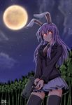  animal_ears bamboo bamboo_forest black_legwear blazer breasts bunny_ears ebr-kii forest full_moon glowing glowing_eyes gun holding holding_gun holding_weapon jacket long_hair looking_away medium_breasts moon nature pleated_skirt purple_hair red_eyes reisen_udongein_inaba skirt sky solo star star_(sky) starry_sky thighhighs touhou trigger_discipline weapon 