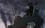  brown_hair cloud dripping kantai_collection long_hair looking_at_viewer looking_back nagato_(kantai_collection) rain smoke solo storm yue_(tada_no_saboten) 