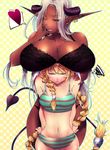  angry bare_shoulders bikini blonde_hair bra braid breast_envy breast_rest breasts breasts_on_head cleavage collarbone dark_skin demon_girl demon_horns demon_tail earrings fang green_eyes heart horns huge_breasts jewelry lace lace-trimmed_bra lingerie long_hair multiple_girls navel one_eye_closed original pointy_ears polka_dot polka_dot_background red_eyes skindentation small_breasts striped striped_bikini succubus swimsuit tail underwear very_long_hair yamaneko 