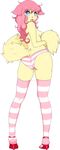  blue_eyes breasts butt clothing female fluffy_tail fur hair hattie_(lazylogic) high_heels lazylogic legwear looking_back open_mouth panties pink_hair rear_view shocked side_boob simple_background solo striped_legwear striped_panties stripes thigh_highs underwear white_background yellow_fur 