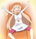  :d breasts cape chips commentary doma_umaru drooling food hamster himouto!_umaru-chan hood long_hair lying on_back open_mouth potato_chips ribonzu saliva shorts small_breasts smile solo wavy_mouth 