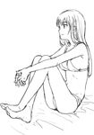  crossed_legs cuvie greyscale light_smile long_hair looking_away monochrome original profile sitting sketch solo underwear underwear_only v_arms 