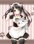  1girl animal_ears apron artist_request bell cat_ears clock_eyes collar coller date_a_live maid maid_headdress maid_uniform striped_background stuffed_toy symbol-shaped_pupils tokisaki_kurumi twintails 