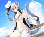  bikini blue_eyes breasts claws cleavage cloud commentary_request day dragon_girl dragon_horns dragon_tail female_admiral_(kantai_collection) front-tie_top g_(desukingu) hat horns kantai_collection large_breasts leaning military military_uniform monster_girl navel original peaked_cap short_hair silver_hair sky smile solo swimsuit tail tsubasa_ryuuji uniform 