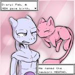  2015 ambiguous_gender anthro cute duo english_text eyes_closed feral half-closed_eyes legendary_pok&eacute;mon mew mewtwo nintendo nuclear-smash nude nuzzling one_eye_closed open_mouth pink_background pink_skin pok&eacute;mon purple_background purple_skin simple_background size_difference teeth text video_games white_skin 
