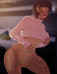  2018 angrboda animal_humanoid areola big_breasts blurred_background bottomless breasts brown_hair clothed clothing fangs female hair humanoid looking_at_viewer one_eye_closed open_mouth pussy reptile reptile_humanoid scalie scalie_humanoid short_hair solo standing sweater transformation under_boob wide_hips yellow_eyes 
