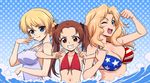  ;d american_flag_bikini bikini blonde_hair blue_eyes braid brown_eyes brown_hair casual_one-piece_swimsuit commentary darjeeling double_v flag_print front-tie_top girl_sandwich girls_und_panzer grin hair_ribbon kadotani_anzu kay_(girls_und_panzer) locked_arms long_hair looking_at_viewer multiple_girls navel one-piece_swimsuit one_eye_closed open_mouth polka_dot polka_dot_background red_bikini ribbon sandwiched shinmai_(kyata) short_hair smile standing swimsuit twintails v water 