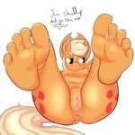  anthro anthrofied anus applejack_(mlp) areola blonde_hair blush breasts clitoris companioncube cutie_mark english_text equine feet female friendship_is_magic hair half-closed_eyes hands_behind_head hat horse lying mammal my_little_pony nipples nude on_back orange_skin pony pussy simple_background solo text white_background 