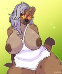  2019 anthro apron areola arnachy big_breasts breasts clothing colored_nails digital_media_(artwork) ear_piercing eyelashes eyewear female gradient_background hair hi_res hyena looking_at_viewer mammal nipples piercing signature silver_(ezukapizumu) silver_hair simple_background solo spotted_hyena sunglasses thick_thighs 