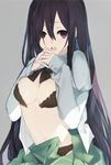  black_bra black_panties bra breasts cleavage green_skirt grey_background hands_together ikezawa_hanako katawa_shoujo long_hair medium_breasts no_scar open_bra open_mouth panties purple_eyes round_teeth simple_background skirt solo standing teeth underwear very_long_hair weee_(raemz) younger 