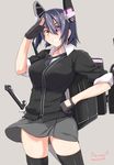  :d breasts eyepatch fingerless_gloves gloves kantai_collection kichihachi large_breasts necktie open_mouth purple_hair salute short_hair smile solo sword tenryuu_(kantai_collection) thighhighs thighs twitter_username weapon wind wind_lift yellow_eyes 