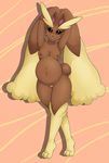  2014 allymoodyneko anthro belly big_belly black_sclera breasts brown_fur buckteeth female fur lagomorph looking_at_viewer lopunny mammal navel nintendo nipples nude pok&eacute;mon pok&eacute;morph pose pregnant pubes pussy raised_arm red_eyes solo teeth video_games yellow_fur 