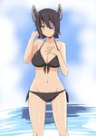  bikini breasts cleavage groin hand_in_hair hand_on_own_chest kantai_collection kichihachi large_breasts navel purple_hair short_hair solo swimsuit tenryuu_(kantai_collection) water wet yellow_eyes 