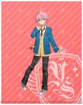  :3 ahoge blazer cardigan ensemble_stars! full_body green_eyes himemiya_touri jacket male_focus necktie official_art pants pink_hair plaid plaid_pants school_uniform shoes sidelocks smile sneakers solo stuffed_animal stuffed_toy teddy_bear watermark yumenosaki_school_uniform 