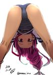  2014 :o ass bent_over dated hair_ribbon hands_on_legs i-168_(kantai_collection) kantai_collection long_hair looking_at_viewer momo_(higanbana_and_girl) pink_eyes pink_hair ponytail ribbon school_swimsuit short_sleeves simple_background solo swimsuit swimsuit_under_clothes twitter_username upside-down white_background 