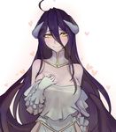  ahoge albedo bare_shoulders black_hair blush breasts cleavage demon_girl detached_collar gloves hair_between_eyes heart horns large_breasts long_hair looking_at_viewer overlord_(maruyama) simple_background smile solo very_long_hair walzrj white_background white_gloves yellow_eyes 