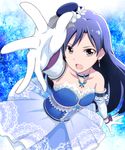  arm_up blue_hair bug butterfly choker dress earrings elbow_gloves flower gloves hat hat_flower idolmaster idolmaster_(classic) idolmaster_one_for_all insect jabara_tornado jewelry kisaragi_chihaya long_hair looking_at_viewer necklace open_mouth purple_eyes solo strapless strapless_dress 