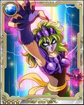  armor card_(medium) energy female galaxy_card gradient gradient_background green_hair mask ophiuchus_shaina saint_seiya solo 