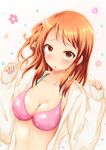  :o bikini bikini_under_clothes blush breasts brown_eyes chigusa cleavage fingernails floral_background floral_print houjou_karen idolmaster idolmaster_cinderella_girls large_breasts long_fingernails long_hair long_sleeves looking_at_viewer nail_polish open_clothes open_mouth orange_hair pink_bikini pink_nails side_ponytail solo swimsuit swimsuit_under_clothes upper_body 