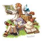  artist_name bike_shorts blue_hair book brown_hair clavat closed_eyes feathers final_fantasy final_fantasy_crystal_chronicles fur_trim grass haruka_(niconico) holding light_brown_hair long_hair long_sleeves lying map mog moogle multiple_girls mushroom on_back selkie simple_background smile tree_stump white_background 