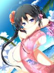  ahoge beach bikini black_hair blush breasts cleavage cloud covered_nipples day flower hair_flower hair_ornament hair_ribbon hibiscus innertube large_breasts long_hair looking_at_viewer original outdoors purple_eyes ribbon shouna_mitsuishi sky smile solo swimsuit twintails white_bikini 