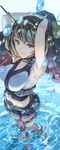  anchor armpits arms_behind_head arms_up breasts chain fujita_(condor) gloves green_eyes headgear jacket jacket_removed jpeg_artifacts kantai_collection large_breasts midriff mutsu_(kantai_collection) navel red_legwear short_hair skirt smile solo standing standing_on_liquid thighhighs water water_drop white_gloves 