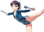  black_eyes black_hair blue_leotard gymnast_leotard gymnastics holding juggling_club leaning leg_up leotard matsunaga_kouyou original ponytail rhythmic_gymnastics short_hair simple_background solo standing standing_on_one_leg white_background 