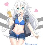  absurdres bikini black_heart blue_bikini food highres ice_cream long_hair megumiyasisotyo neptune_(series) noire open_clothes open_shorts shorts swimsuit white_hair 