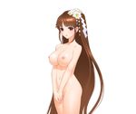 1girl ane_to_princess_wa_kirawaretakunai areolae blush breasts brown_eyes brown_hair female flower game_cg hair_ornament highres large_breasts legs long_hair looking_at_viewer mound_of_venus navel nipples no_pussy nude sano_toshihide serious simple_background solo standing thighs white_background 