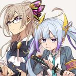  bad_id bad_twitter_id blue_eyes blue_hair bow brown_hair glasses hair_ornament ikeda-masamune_nagayo ishida-masamune_kiriko long_hair multiple_girls necktie pout purple_eyes ree_(re-19) shinken!! sword twintails weapon 