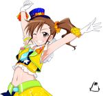  armband armpits arms_up brown_eyes brown_hair futami_mami glitter gloves grin hat heart idolmaster idolmaster_(classic) idolmaster_one_for_all jabara_tornado looking_at_viewer midriff navel necktie one_eye_closed scrunchie short_necktie side_ponytail smile solo star top_hat 
