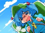  backpack bag blue_eyes blue_hair blue_sky cloud cloudy_sky day hair_bobbles hair_ornament hat kawashiro_nitori key long_sleeves open_mouth pocket shinapuu shirt short_hair sky solo sweatdrop touhou trembling twintails two_side_up 