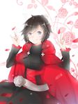  black_dress blue_eyes cloak dress hood hooded_cloak lolita_fashin lolita_fashion looking_at_viewer rose_petals ruby_rose rwby short_hair silver_eyes smile solo 