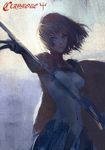  armor breasts cape clare_(claymore) claymore copyright_name painterly short_hair simple_background small_breasts solo sword weapon yinwoeren 