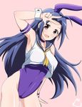  ahoge animal_ears armband armpits ass_visible_through_thighs blue_hair bunny_ears bunnysuit covered_navel idolmaster idolmaster_(classic) jabara_tornado long_hair looking_at_viewer miura_azusa open_mouth pink_background red_eyes simple_background solo swimsuit swimsuit_under_clothes v wrist_cuffs 